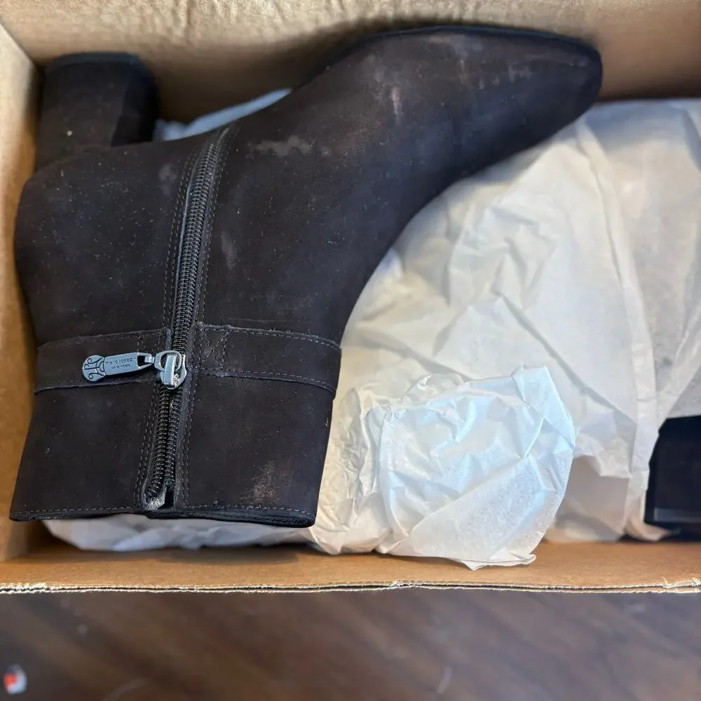 Marc Joseph Madison Boots 7.5 Black Suede NWT Heel Buckle Capsule Academia Prep